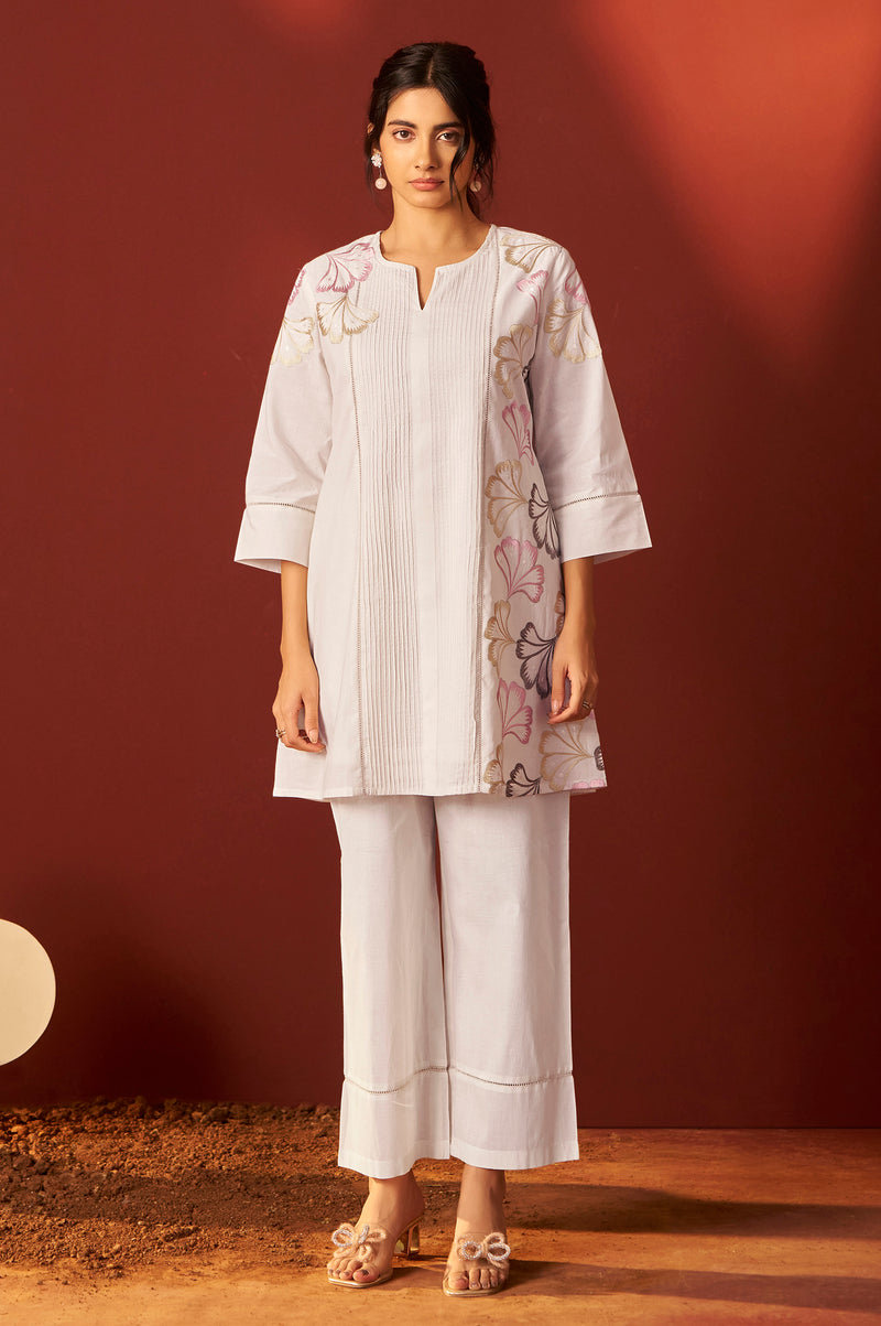 Off White Pure Cotton Embroidered Co-Ord Set For Women