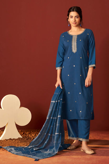 Rama Chinnon Embroidered Kurta Set With Dupatta For Women