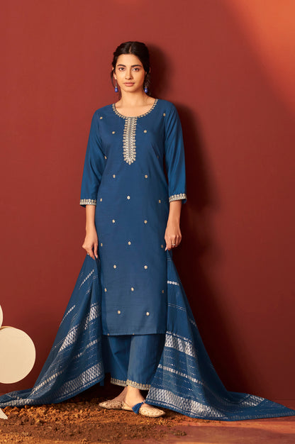 Rama Chinnon Embroidered Kurta Set With Dupatta For Women