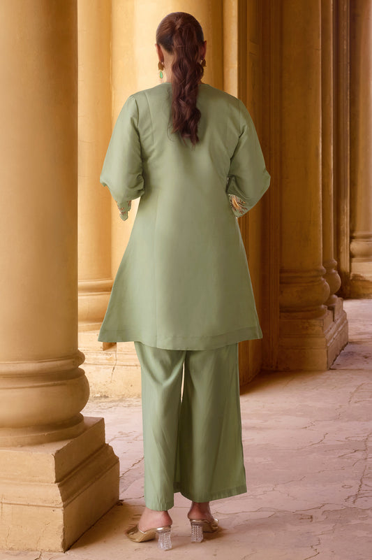 Women's Green Embroidered Roman Silk Co-Ord Set