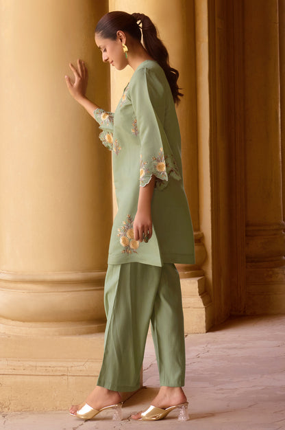 Women's Green Embroidered Roman Silk Co-Ord Set