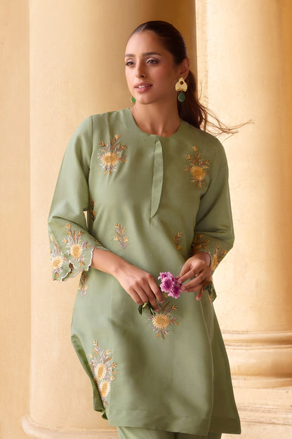 Women's Green Embroidered Roman Silk Co-Ord Set