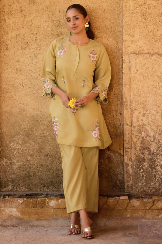 Women's Yellow Embroidered Roman Silk Co-Ord Set
