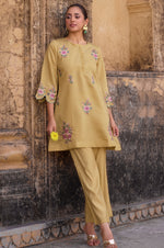 Women's Yellow Embroidered Roman Silk Co-Ord Set