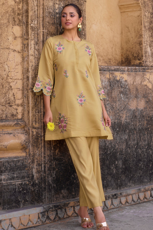 Women's Yellow Embroidered Roman Silk Co-Ord Set