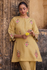 Women's Yellow Embroidered Roman Silk Co-Ord Set