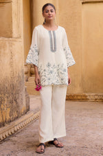 Women's Off White Embroidered Roman Silk Top with Mal Cotton Lined Ethnic Co-Ord Set