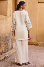 Women's Off White Embroidered Roman Silk Top with Mal Cotton Lined Ethnic Co-Ord Set
