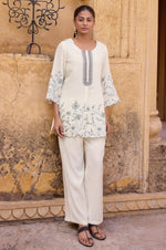 Women's Off White Embroidered Roman Silk Top with Mal Cotton Lined Ethnic Co-Ord Set