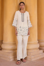 Women's Off White Embroidered Roman Silk Top with Mal Cotton Lined Ethnic Co-Ord Set