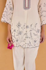 Women's Off White Embroidered Roman Silk Top with Mal Cotton Lined Ethnic Co-Ord Set