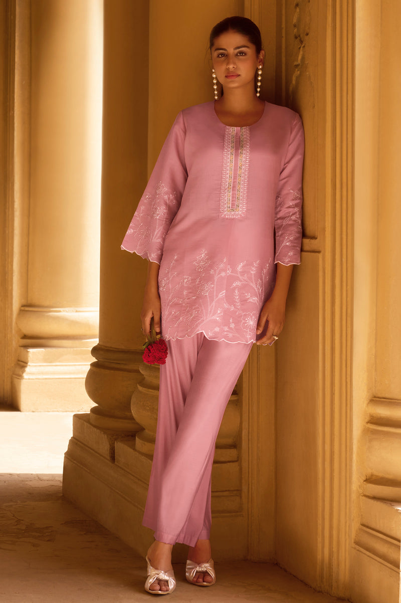 Women's Light Pink Embroidered Roman Silk Co-Ord Set