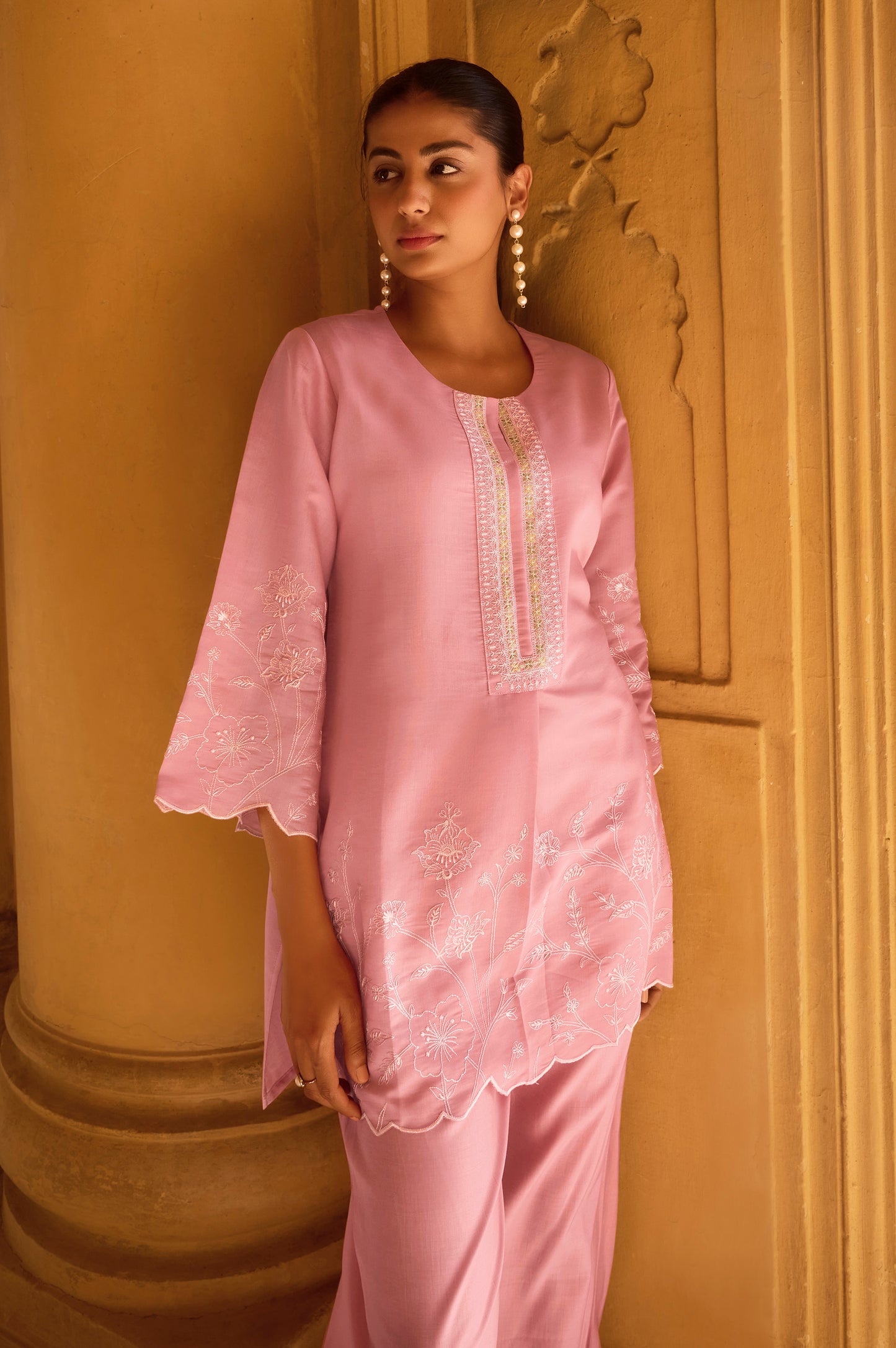 Women's Light Pink Embroidered Roman Silk Co-Ord Set
