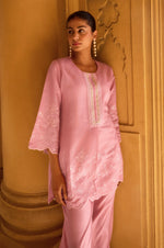 Women's Light Pink Embroidered Roman Silk Co-Ord Set