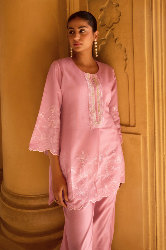 Women's Light Pink Embroidered Roman Silk Co-Ord Set