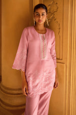 Women's Light Pink Embroidered Roman Silk Co-Ord Set