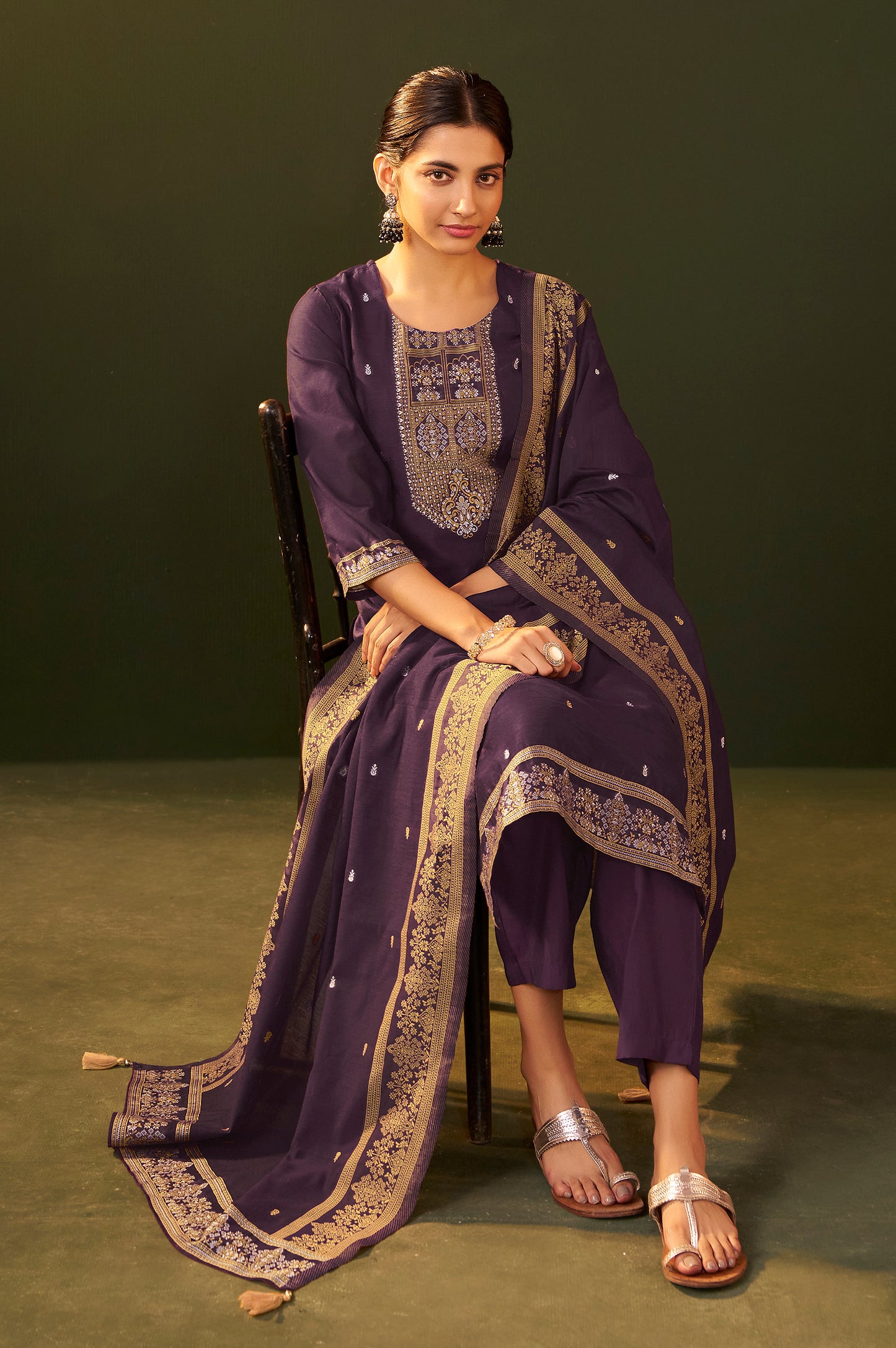 Purple Jacquard Silk Blend Straight Kurta Set with Dupatta