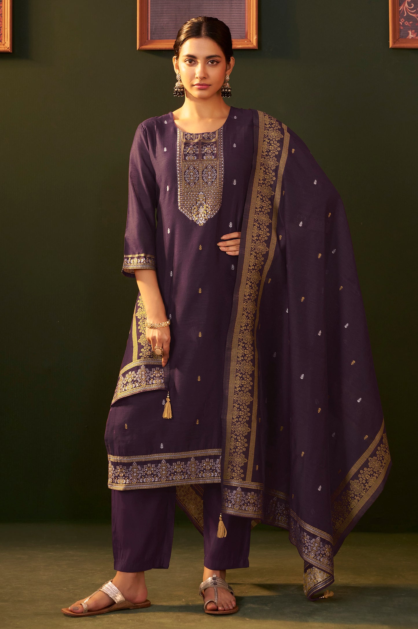 Purple Jacquard Silk Blend Straight Kurta Set with Dupatta