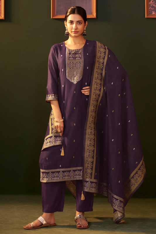 Purple Jacquard Silk Blend Straight Kurta Set with Dupatta