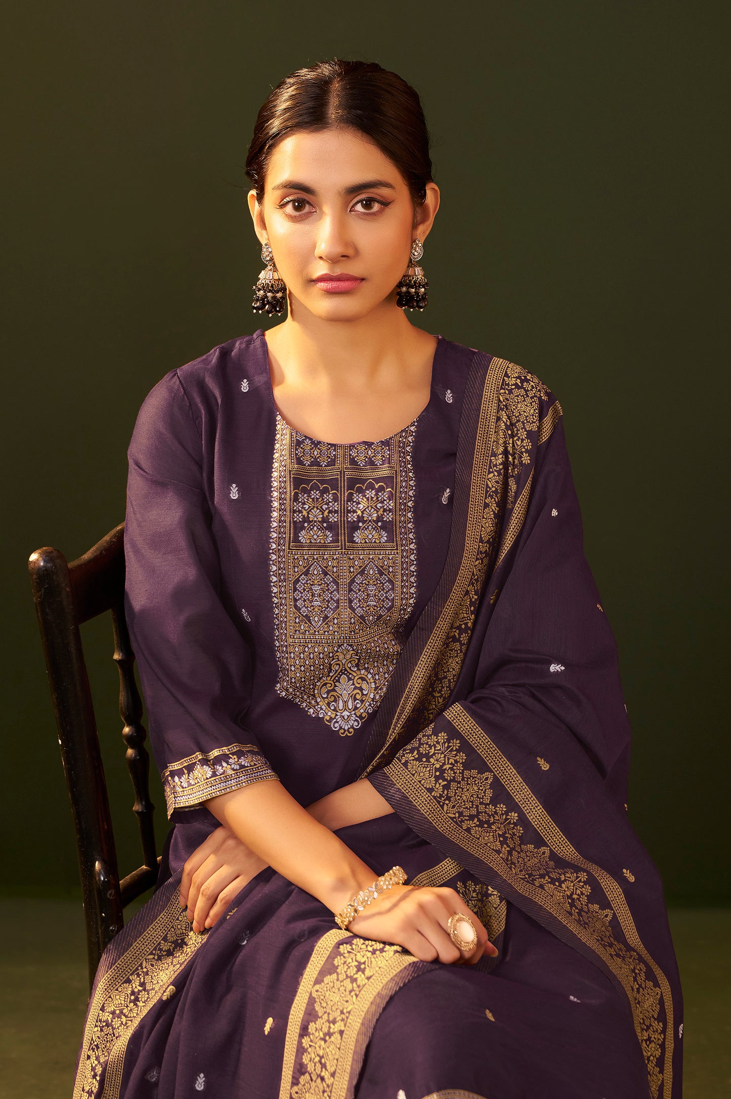 Purple Jacquard Silk Blend Straight Kurta Set with Dupatta