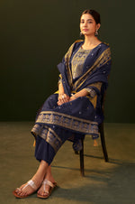Navy Blue Jacquard Silk Blend Straight Kurta Set with Dupatta