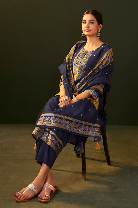 Navy Blue Jacquard Silk Blend Straight Kurta Set with Dupatta