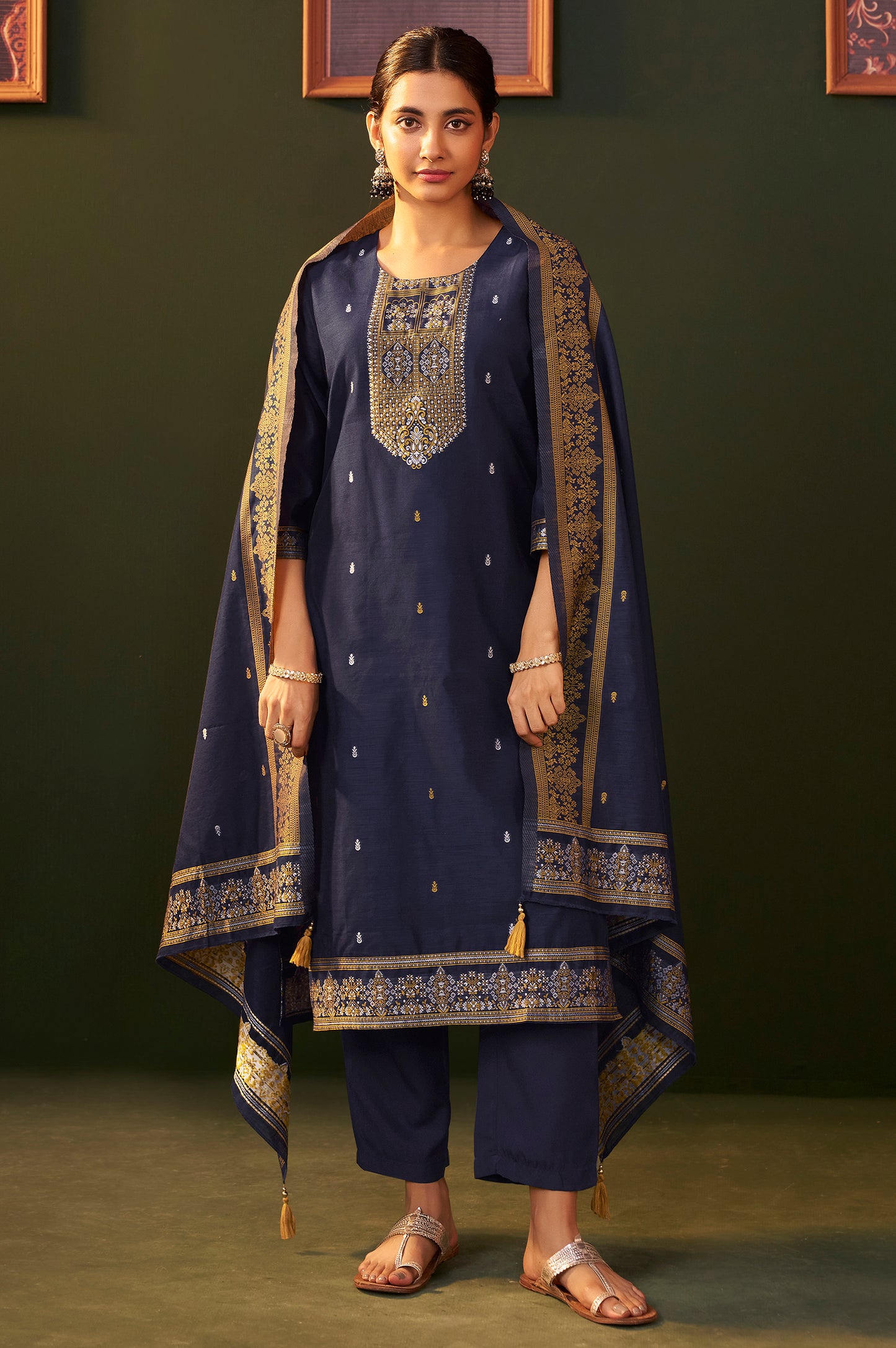 Navy Blue Jacquard Silk Blend Straight Kurta Set with Dupatta