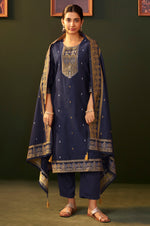 Navy Blue Jacquard Silk Blend Straight Kurta Set with Dupatta