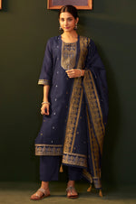 Navy Blue Jacquard Silk Blend Straight Kurta Set with Dupatta