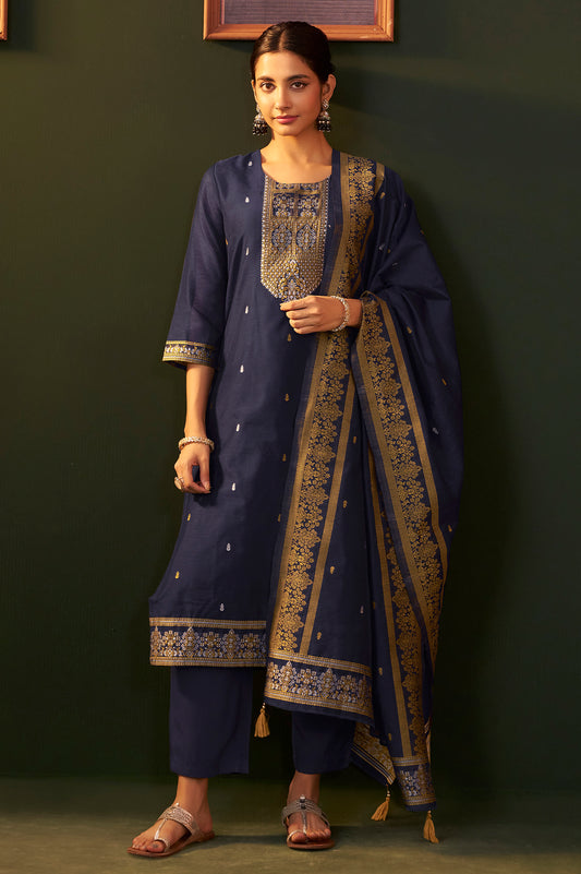 Navy Blue Jacquard Silk Blend Straight Kurta Set with Dupatta