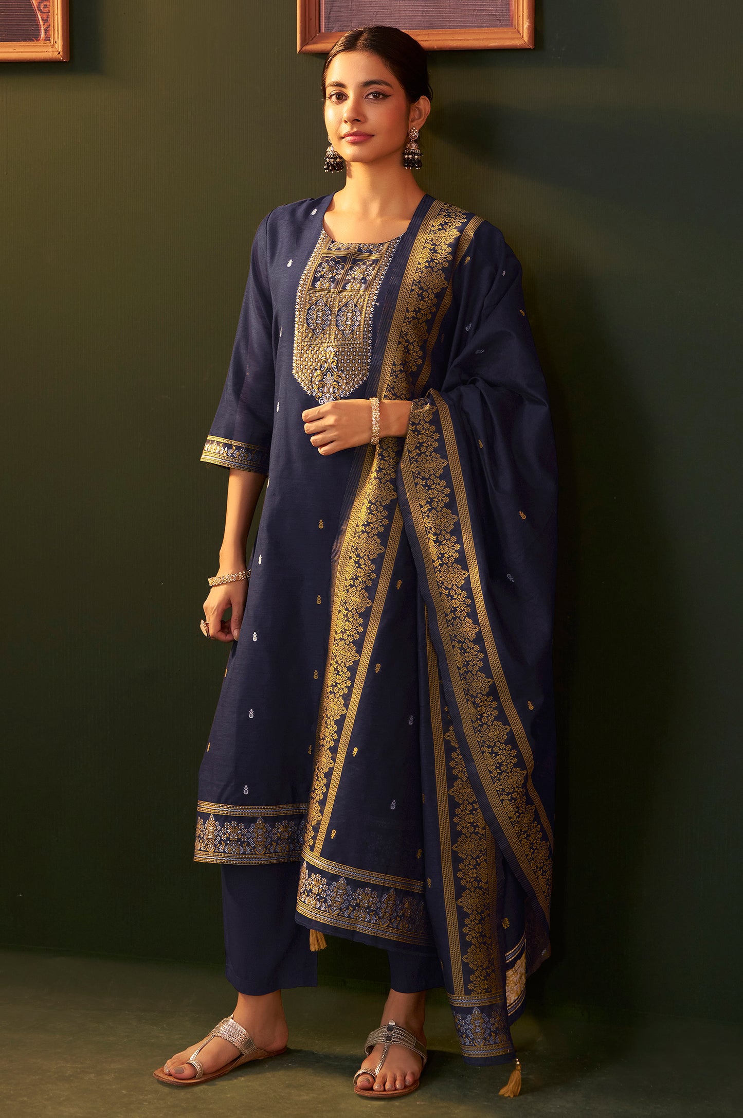 Navy Blue Jacquard Silk Blend Straight Kurta Set with Dupatta