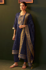 Navy Blue Jacquard Silk Blend Straight Kurta Set with Dupatta