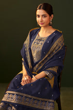 Navy Blue Jacquard Silk Blend Straight Kurta Set with Dupatta