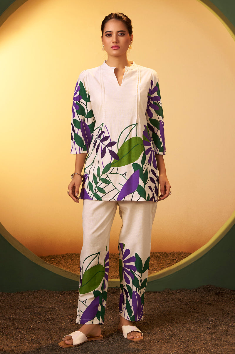 Off White Pure Cotton Floral Printed Co-Ord Set For Women