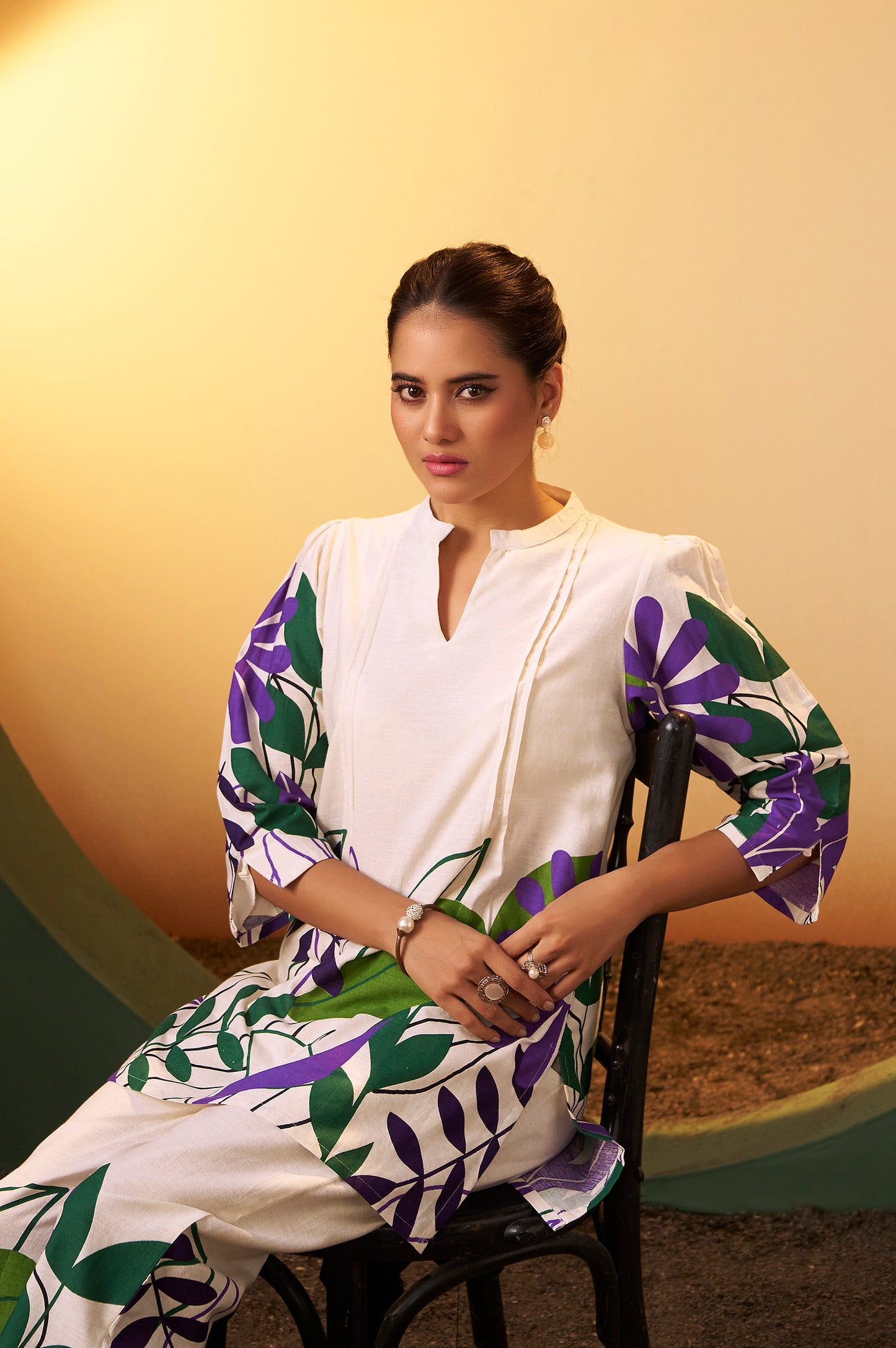 Off White Pure Cotton Floral Printed Co-Ord Set For Women