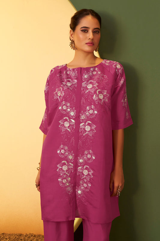 Women's Light Pink Embroidered Flared Roman Silk Co-ord Set