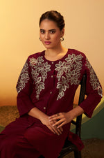 Women's Maroon Embroidered Flared Roman Silk Co-ord Set