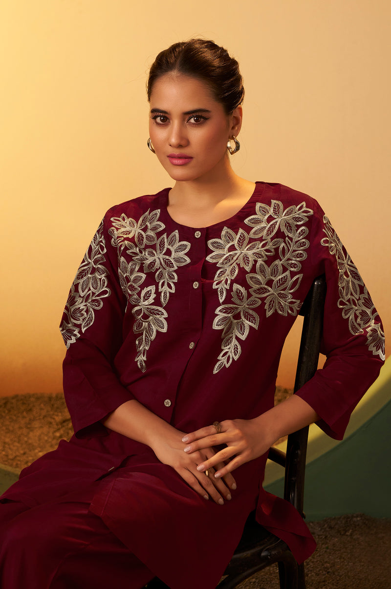 Women's Maroon Embroidered Flared Roman Silk Co-ord Set