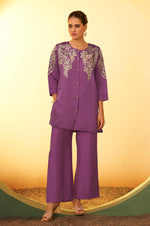 Women's Purple Embroidered Flared Roman Silk Co-ord Set