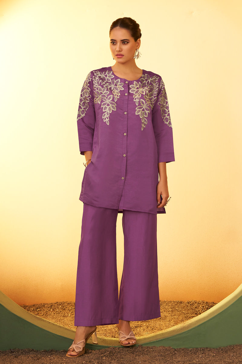 Women's Purple Embroidered Flared Roman Silk Co-ord Set