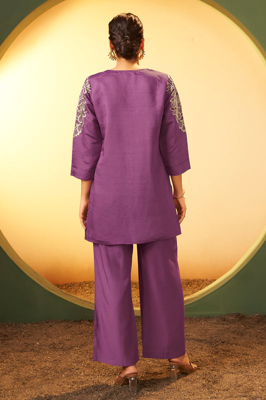 Women's Purple Embroidered Flared Roman Silk Co-ord Set