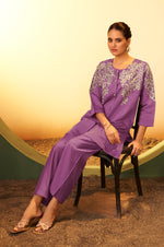 Women's Purple Embroidered Flared Roman Silk Co-ord Set