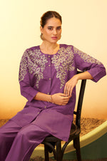 Women's Purple Embroidered Flared Roman Silk Co-ord Set