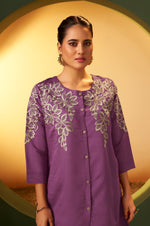 Women's Purple Embroidered Flared Roman Silk Co-ord Set