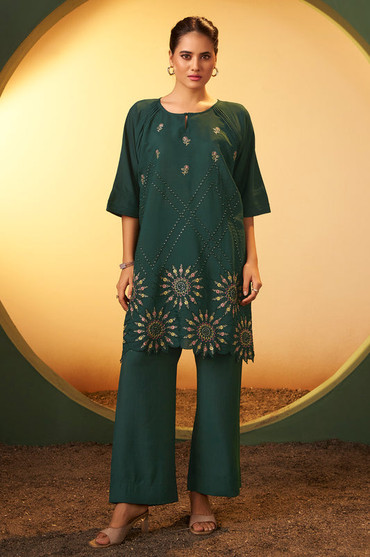 Women's Green Embroidered Flared Roman Silk Co-ord Set