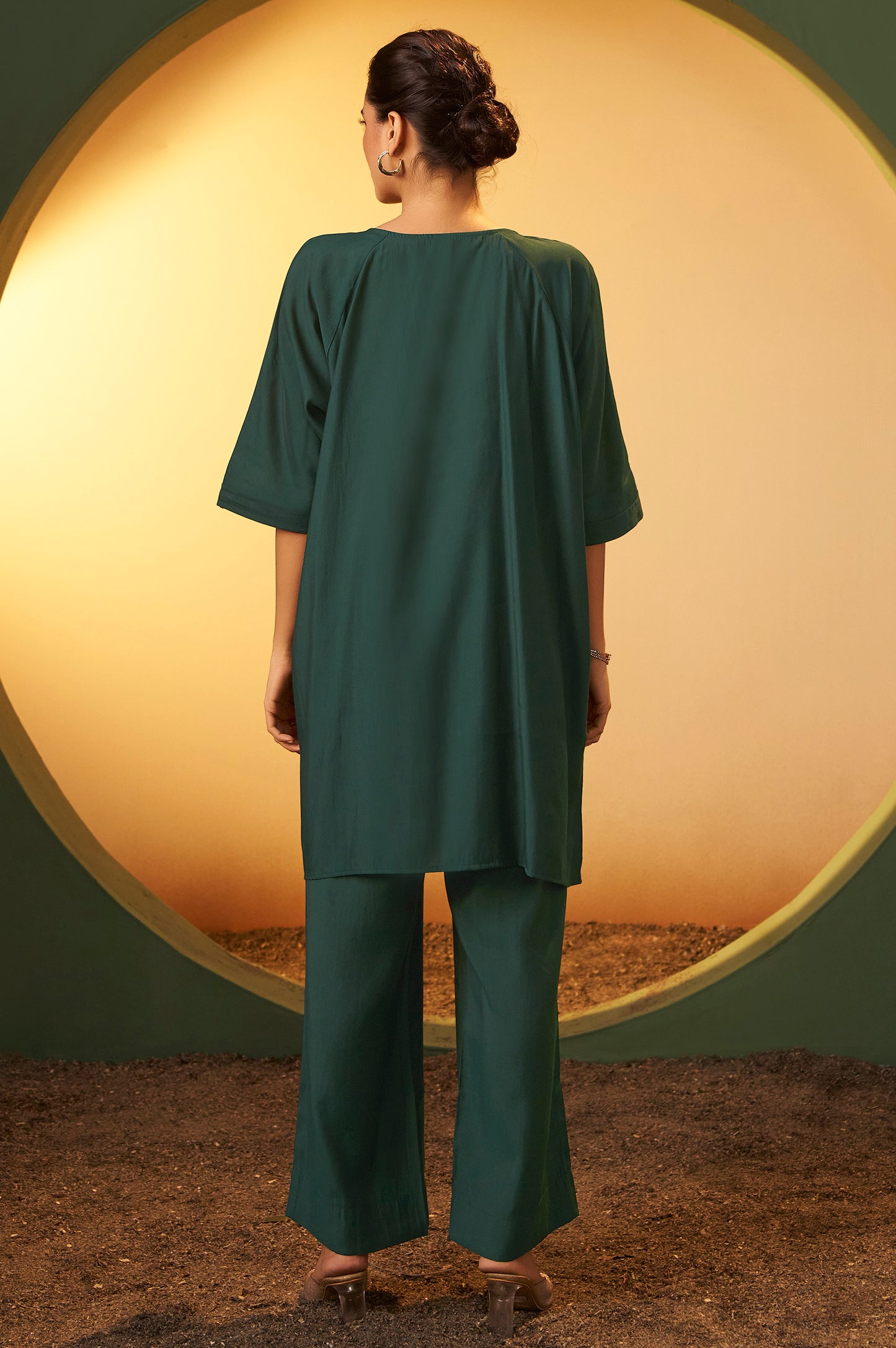 Women's Green Embroidered Flared Roman Silk Co-ord Set