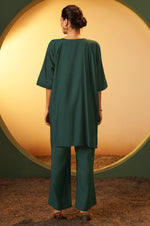 Women's Green Embroidered Flared Roman Silk Co-ord Set