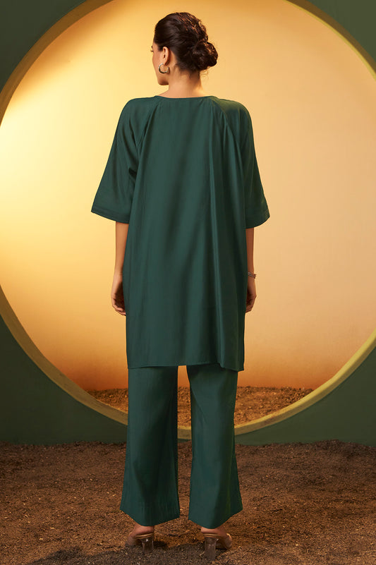 Women's Green Embroidered Flared Roman Silk Co-ord Set