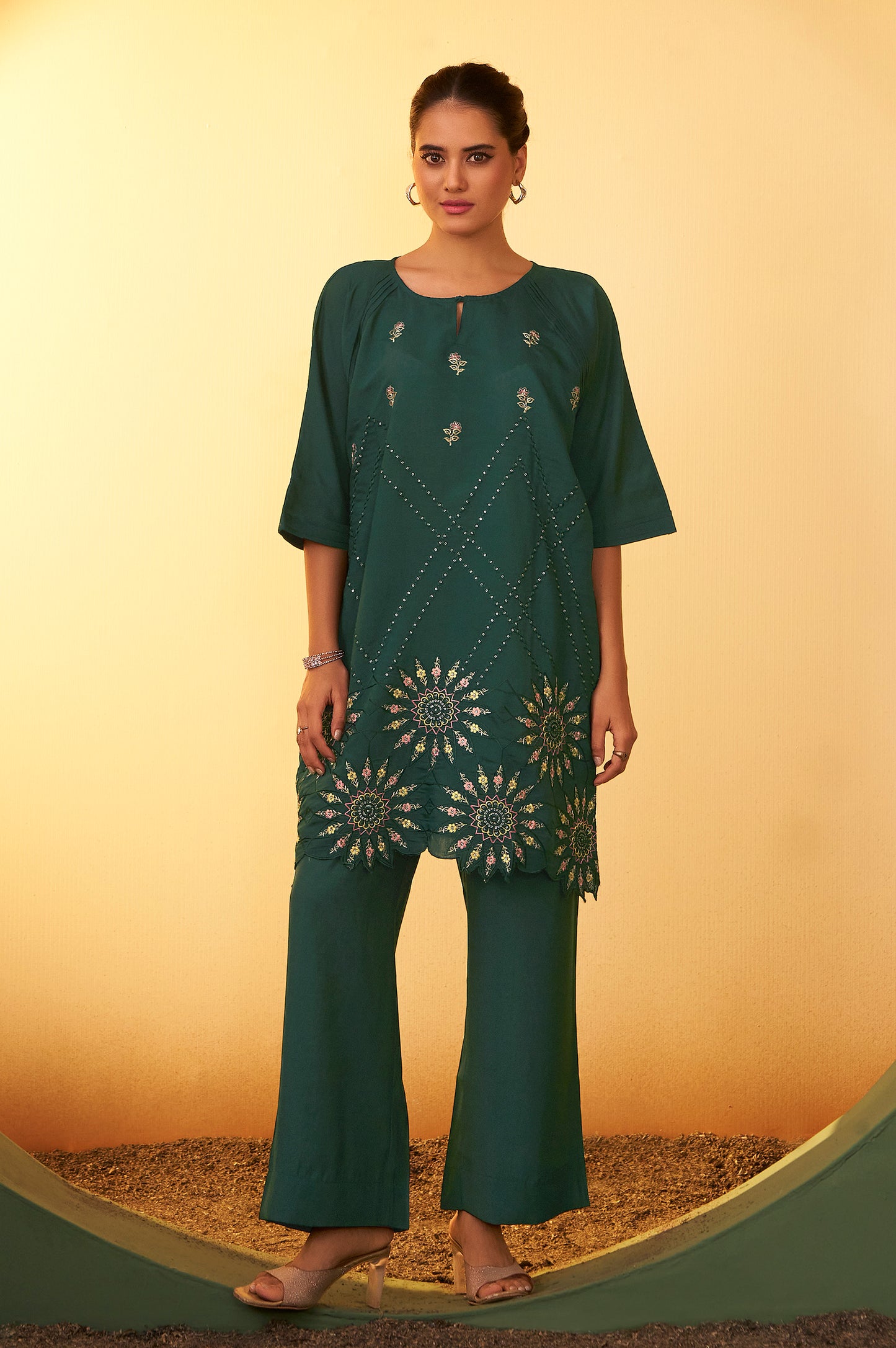 Women's Green Embroidered Flared Roman Silk Co-ord Set