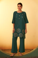 Women's Green Embroidered Flared Roman Silk Co-ord Set